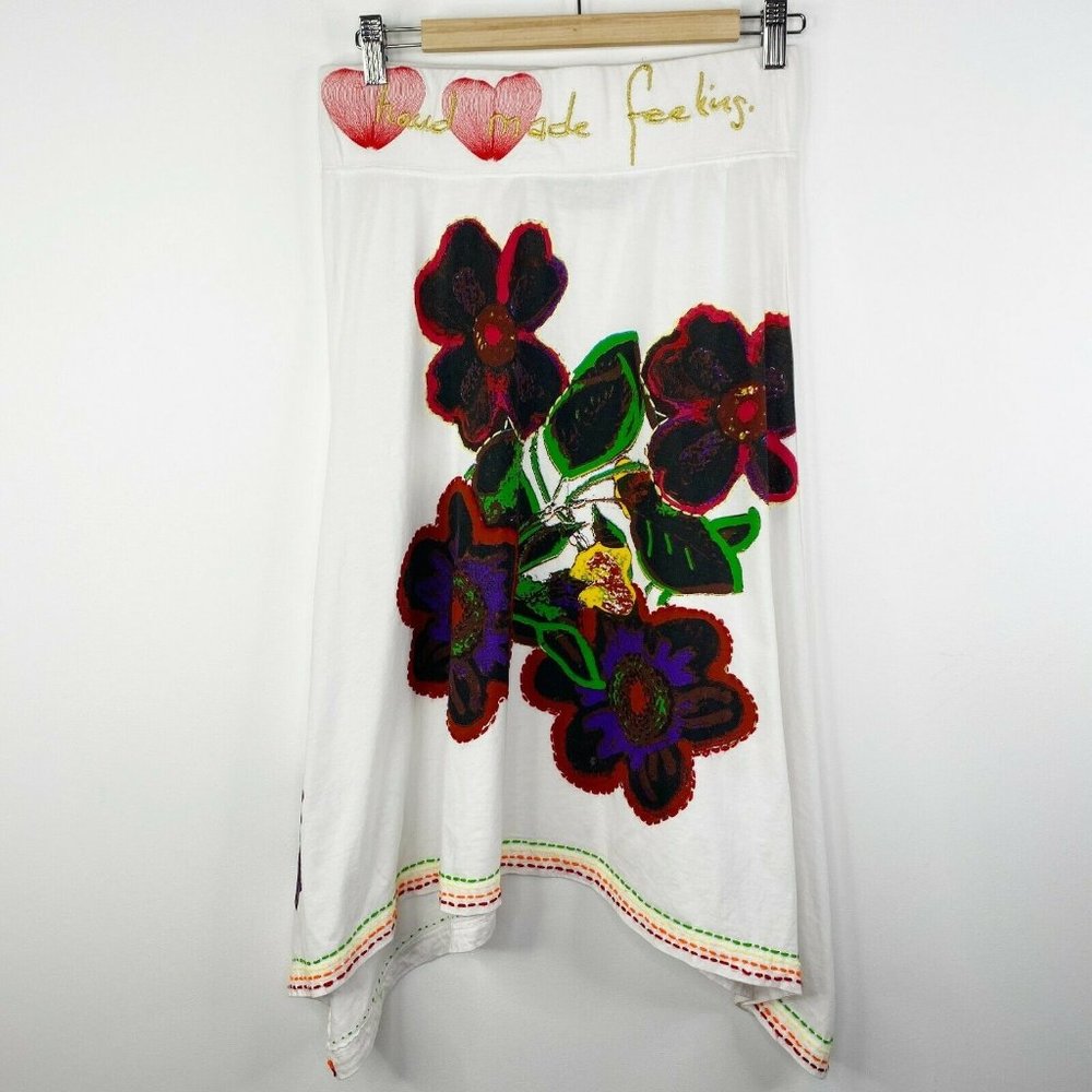 DESIGUAL Women White Multicolor Floral Art Print Cotton Skirt Size Medium